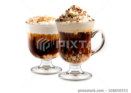 Set of Irish Coffee cocktails with whipped cream, brewed coffee and Irish whiskey 108650553