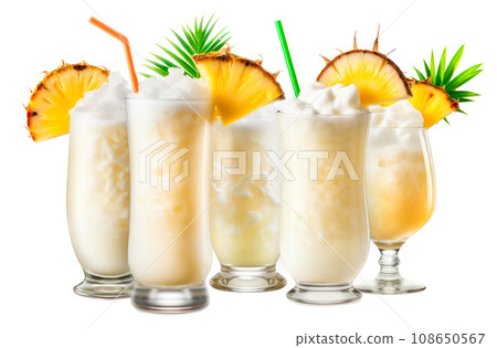 Set of Pina Colada cocktails with pineapple, coconut and creamy white top 108650567