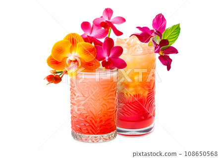 Set of Mai Tai cocktails in a classic tiki glass with crushed ice and orchids flowers 108650568