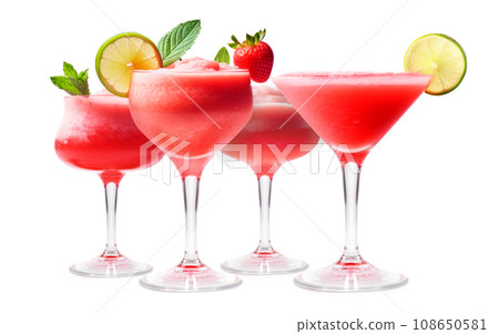 Set of Strawberry margarita cocktails in salt-rimmed glass isolated on white background 108650581