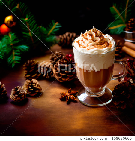 A white coffee with whipped cream in ceramic cup sitting on a black table and bokeh backdrop. Autumn and Winter mood. A white coffee with whipped cream in ceramic cup sitting on a black table and bokeh backdrop. Autumn and Winter mood. 108650606