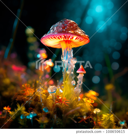 Different types of glowing mystical mushrooms, fantasy mushroom forest with bokeh 108650615