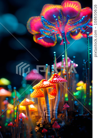 Different types of glowing mystical mushrooms, fantasy mushroom forest with bokeh Different types of glowing mystical mushrooms, fantasy mushroom forest with bokeh 108650616