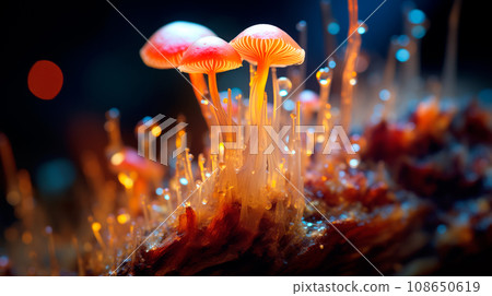 Different types of glowing mystical mushrooms, fantasy mushroom forest with bokeh 108650619