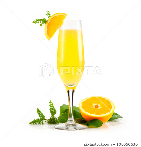 Mimosa cocktail with bubbly champagne and orange juice on white background Mimosa cocktail with bubbly champagne and orange juice on white background 108650636