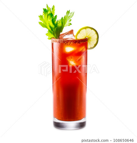 Bloody Mary cocktail garnished with celery, olives and a lemon wedge on white 108650646