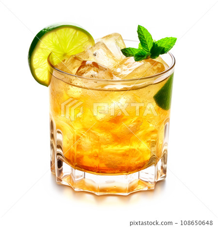 Whiskey Sour cocktail garnished with a lemon in rocks glass on white background 108650648