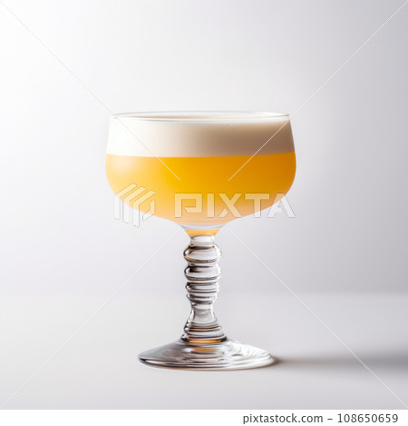 Whiskey Sour cocktail garnished with a lemon in rocks glass on white background 108650659