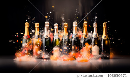 Watercolor illustration colorful champagne bottles set on a pink background 108650671