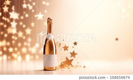 Gold champagne bottle with clean label for product design against golden background Gold champagne bottle with clean label for product design against golden background 108650674