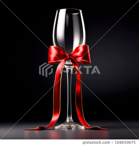 A crystal-clear flute glass of champagne with red ribbon isolated on black background 108650675