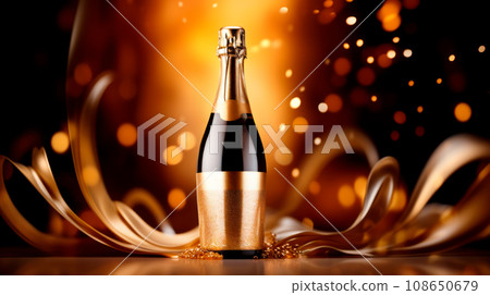 Champagne bottle on black background. Sparkling lights and bokeh. exuding a sense of celebration and sophistication Champagne bottle on black background. Sparkling lights and bokeh. exuding a sense of celebration and sophistication 108650679