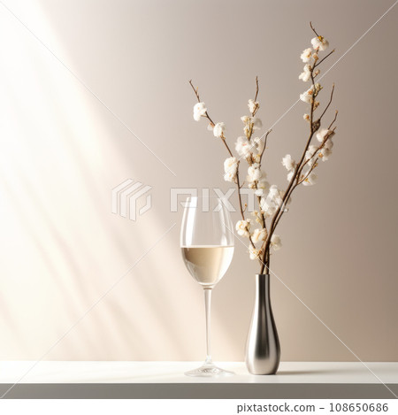 A crystal-clear empty glass of champagne or wine vase with fresh flower isolated on white background 108650686