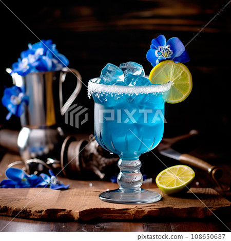Blue Curacao cocktail garnished with lemon slice, in the style of bold color field 108650687
