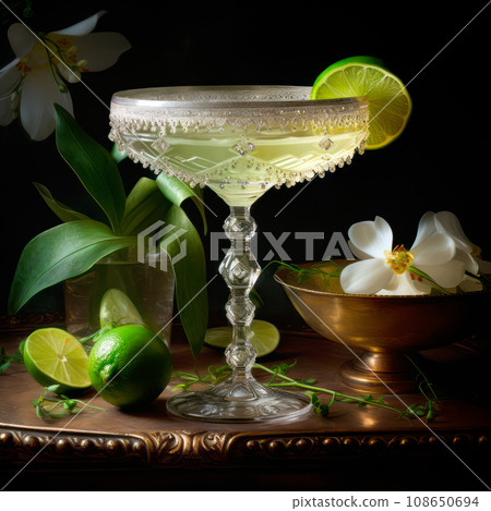 Margarita cocktail in salt-rimmed glass with lime on wooden table Margarita cocktail in salt-rimmed glass with lime on wooden table 108650694