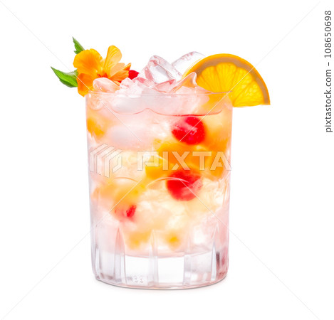 Crafted cocktail with berries, a slice of orange, ice cubes and a sprig of mint Crafted cocktail with berries, a slice of orange, ice cubes and a sprig of mint 108650698