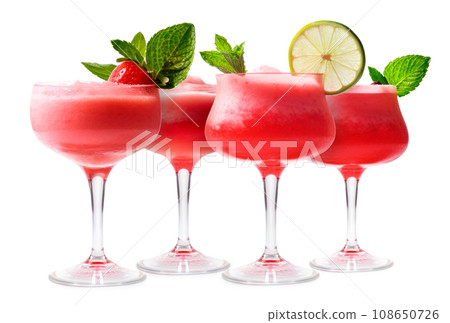 Set of Strawberry margarita cocktails in salt-rimmed glass isolated on white background 108650726