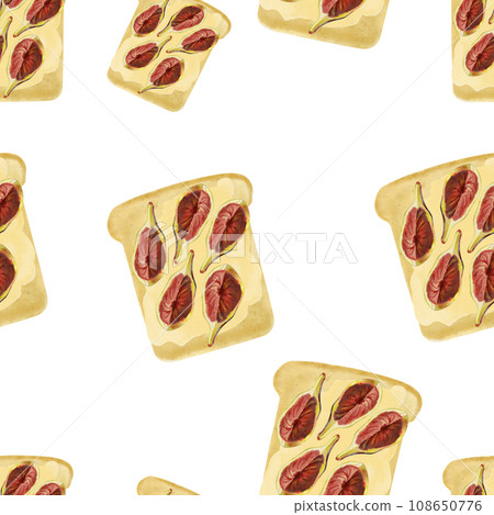 Watercolor food pattern, hand drawn breakfast, toast with bruschetta and ripe figs, flat food illustration on a white background Watercolor food pattern, hand drawn breakfast, toast with bruschetta and ripe figs, flat food illustration on a white background 108650776