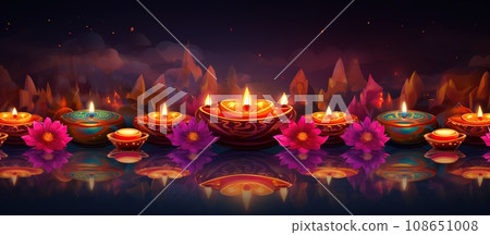 Glowing candles for Indian holiday Diwali Festival of lights on dark background 108651008