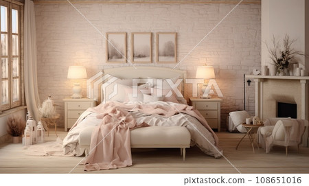 Modern cozy bedroom. Chabby shic style. Pastel colors 108651016