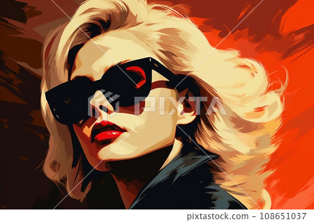 Portrait of a beautiful fashionable woman with a hairstyle and sunglasses, on a red color background. Illustrative poster in style of the 1960s Portrait of a beautiful fashionable woman with a hairstyle and sunglasses, on a red color background. Illustrative poster in style of the 1960s 108651037