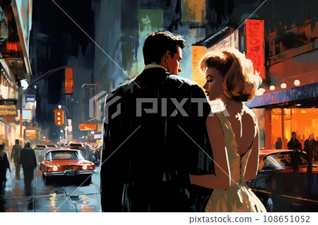 Romantic couple, man and woman, walking and embracing in a city street, at night, rainy weather, fog. Illustration, poster in the style of 1960 108651052