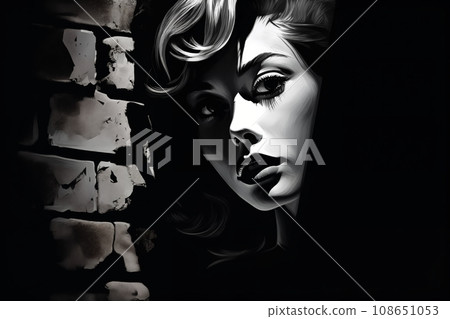 Portrait of a woman at night, near a brick wall background, dark, street. Noir. Tense mood, anxiety and fear. Illustration poster in style of 1960 108651053