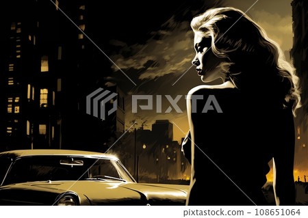 Portrait of a beautiful fashionable woman with a hairstyle, in a city street, at night, car, road and moon. Illustration poster in the style of 1960 108651064