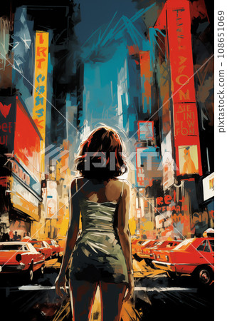 Portrait of a beautiful fashionable woman with a hairstyle on a city street, in the evening. Streetlights reflected from wet road. Portrait of a beautiful fashionable woman with a hairstyle on a city street, in the evening. Streetlights reflected from wet road. 108651069