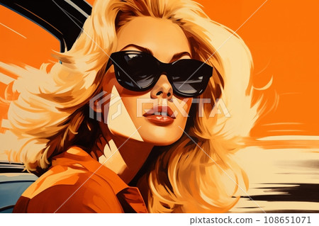 Portrait of a beautiful fashionable woman with a hairstyle and sunglasses, in a car. Bright day, orange color. Illustration poster in the style of 1960 Portrait of a beautiful fashionable woman with a hairstyle and sunglasses, in a car. Bright day, orange color. Illustration poster in the style of 1960 108651071