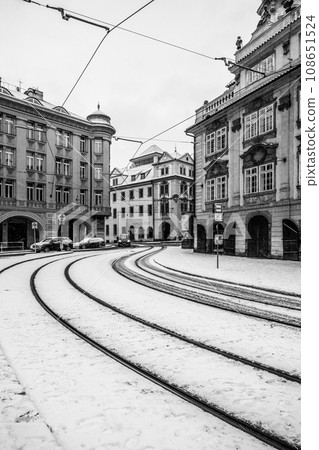 Malostranske Square with snow covered street. Prague, Czechia Malostranske Square with snow covered street. Prague, Czechia 108651524