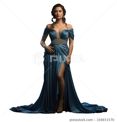 Girl in a beautiful blue long evening dress isolated 108651570