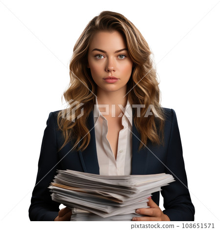 Business woman in jacket with documents in hands isolated. 108651571