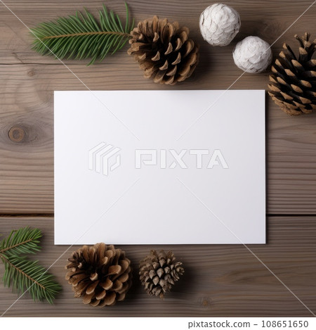 a blank white card is placed on top of pine cones 108651650