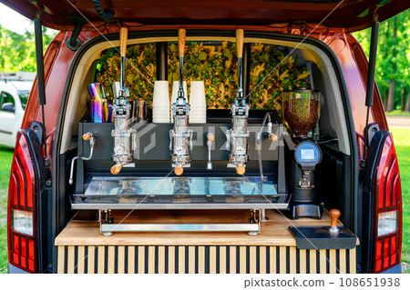 Professional Coffee Machine Installed in the Back of a Car: Coffee Service for Outdoor Events 108651938