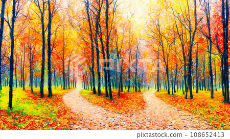 Illustration of a path in a forest with autumn leaves 108652413