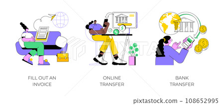 Remote payroll isolated cartoon vector illustrations set. Freelancer filling invoice, distance job payroll, money transfer online, remote work payment, get salary on bank account vector cartoon. Remote payroll isolated cartoon vector illustrations set. Freelancer filling invoice, distance job payroll, money transfer online, remote work payment, get salary on bank account vector cartoon. 108652995