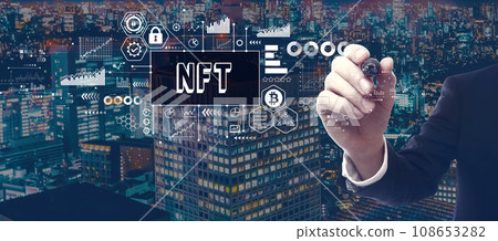 NFT theme with businessman in city at night NFT theme with businessman in city at night 108653282