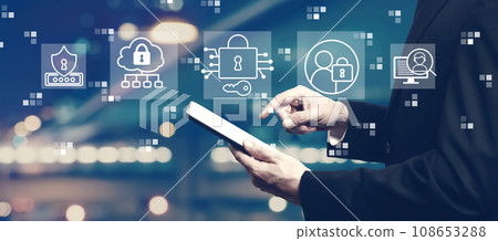 Data Security concept with businessman using a tablet Data Security concept with businessman using a tablet 108653288