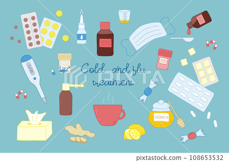 Different cold and flu treatment set, vector Different cold and flu treatment set, vector 108653532