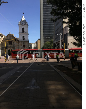 Street bus and clock tower, Colombia 108653694