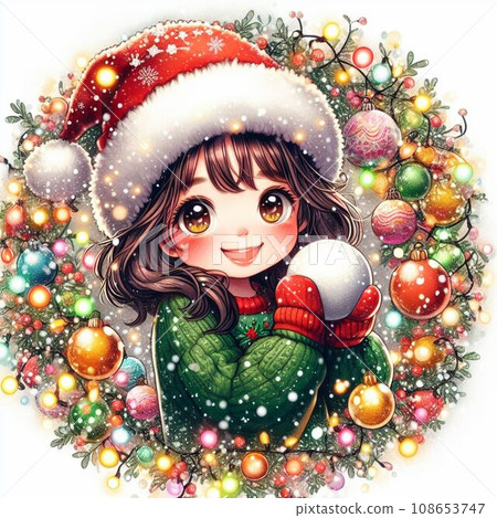 Cute Santa girl with Christmas wreath 108653747