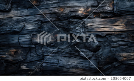 Burnt wood texture background, structure of scorched black timber. Abstract pattern of dark charred tree. Concept of charcoal, smoke, coal, grill, embers, fire, firewood, barbecue Burnt wood texture background, structure of scorched black timber. Abstract pattern of dark charred tree. Concept of charcoal, smoke, coal, grill, embers, fire, firewood, barbecue 108654007