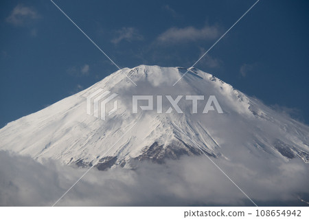 Clear skies at the summit of Mt. Fuji with white snow on the summit 108654942