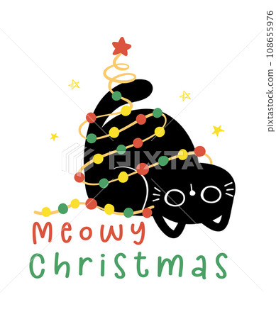 Cute Christmas Black Cats adorned with lights, Meowy Christmas, humor greeting card, Funny and Playful Cartoon Illustration. 108655976