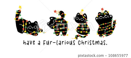 Group of Cute Christmas Black Cats adorned with lights, humor banner and greeting card, Funny and Playful Cartoon Illustration. 108655977