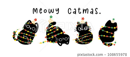 Group of Cute Christmas Black Cats adorned with lights, Meowy Catmas, humor banner and greeting card, Funny and Playful Cartoon Illustration. 108655978