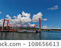 red pier, blue sky and white clouds 108656613