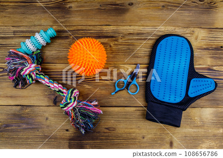 Toys and accessories for dogs on wooden background. Top view. Pet care concept 108656786