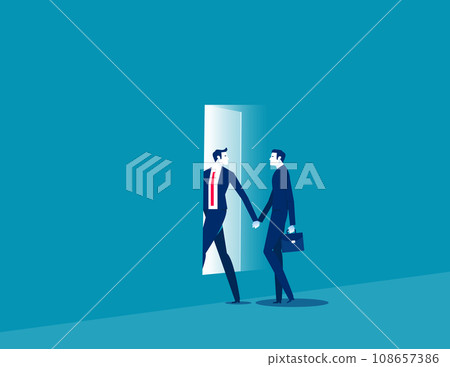 Two person holding hands and walking through rectangular opening in wall. Business vector illustration Two person holding hands and walking through rectangular opening in wall. Business vector illustration 108657386